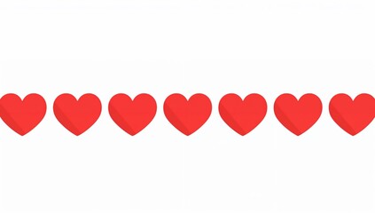 Row of red heart icons isolated on light background, love and social media reaction concept