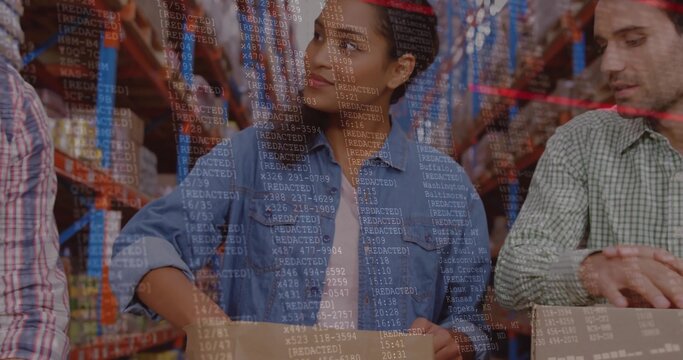 Holding woman in denim shirt and red headband packing box in warehouse aisle, [REDACTED] overlay - Powered by Adobe