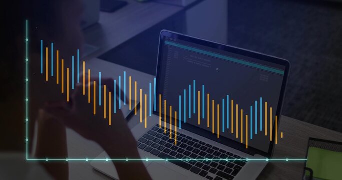 Reviewing code woman wearing dark top viewing laptop in office, data overlay notebook, copy space - Powered by Adobe