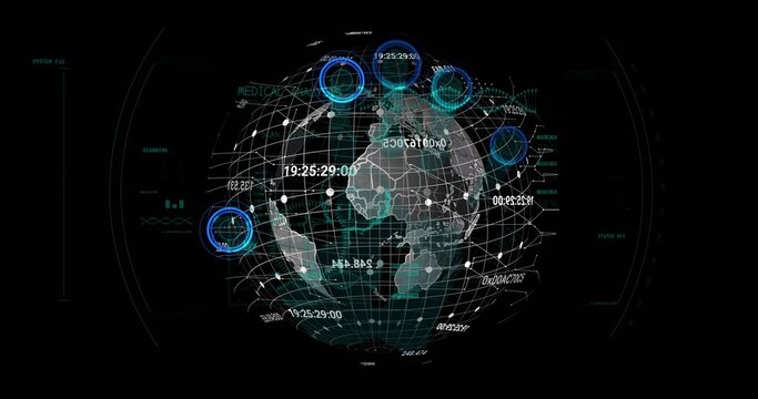 Displaying 3D hologram globe projecting mesh grid and network links in HUD with timestamps - Powered by Adobe