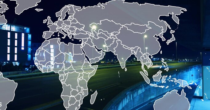Displaying faint world map overlaying highway at night, with concrete barriers lamps blue-lit tower - Powered by Adobe