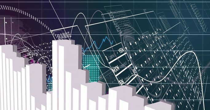 Showing 3D bar chart cluster left-of-center on dashboard, displaying line graphs, map, copy space - Powered by Adobe