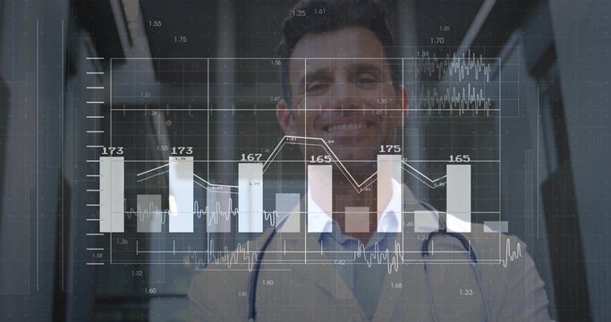 Showing mature doctor sharing data overlay in clinic corridor, wearing lab coat, tie, stethoscope