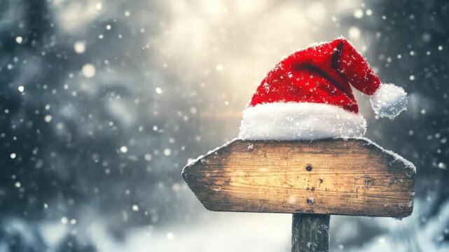 Santa hat on a snowy wooden signpost in a winter forest, ready to be customized with text. Christmas and New Year concept for holiday greetings.