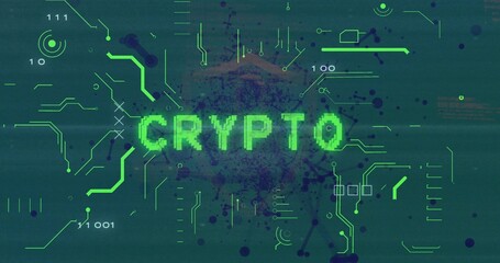 Naklejka premium Showing pixel green CRYPTO glowing over dark ink splatter displaying neon circuit traces binary HUD
