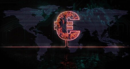 Glowing euro mic emblem projecting circuitry on cyber stage with dotted world map and red bar