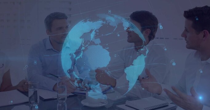 Discussing team wearing business shirts around glass conference table viewing holographic globe - Powered by Adobe