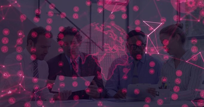 Reviewing docs, team of four in suits leaning in boardroom holding tablet and pens, magenta overlay - Powered by Adobe