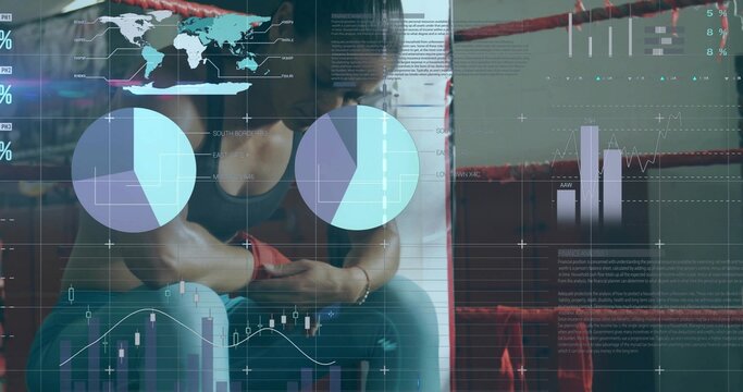 Wrapping boxer wearing dark tank, leggings winding red hand wraps in ring corner with ropes HUD - Powered by Adobe