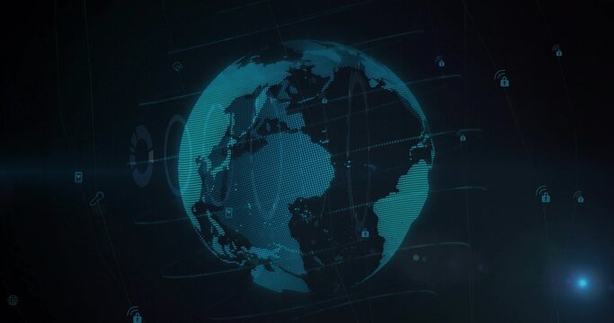 Rotating digital Earth globe showing dotted mesh gridlines in virtual dashboard, padlock icons