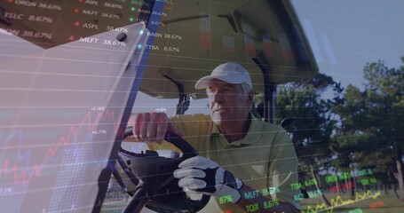 Driving senior man gripping wheel in golf cart on course cap polo glove clubs market overlay