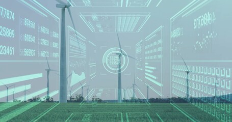 Displaying central turbine rotating over grassy field near distant tree line with data HUDs