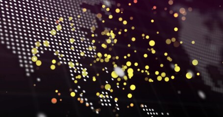 Glowing abstract yellow gold bokeh cluster drifting on data dashboard, with white dot map clusters
