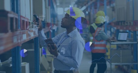 Inspecting shelf, man in yellow hardhat holding tablet and scanner in warehouse with analytics