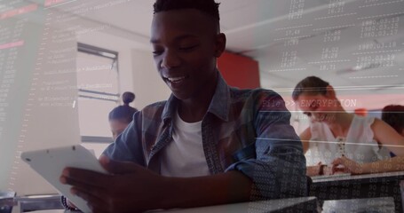 Smiling male student in denim shirt holding tablet at school, students writing, FileENCRYPTION