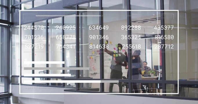 Placing sticky notes, woman in blazer and team arranging HUD data in glass room, copy space - Powered by Adobe