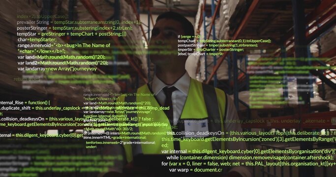 Inspecting man in hi-vis vest and tie checking shelves, boxes in warehouse aisle with code overlay - Powered by Adobe