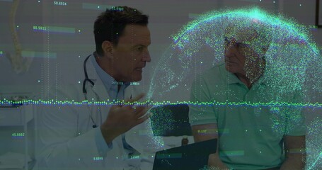 Talking doctor in lab coat, stethoscope advising patient green polo, clinic tablet showing AR globe