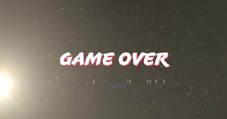Displaying centered stylized GAME OVER text floating over star specks, with bright left lens flare