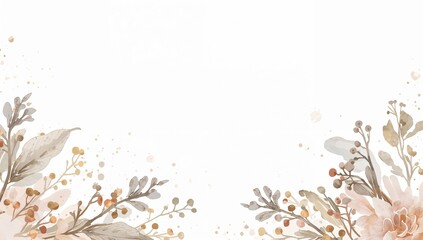 Elegant floral botanical border on white background, soft leaves and branches, minimal wedding invitation design