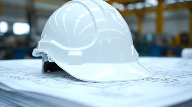 White Hard Hat on Blueprints - A pristine white hard hat sits atop a stack of architectural blueprints.