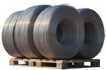 Large industrial metal wire cable rolls background removed