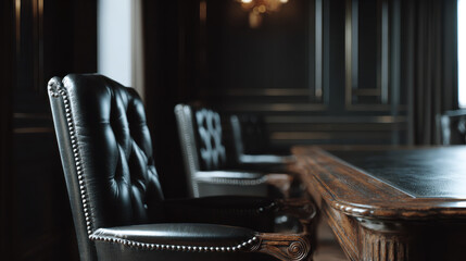 Dark executive table leather chair closeup luxury office interior detail dark executive boardroom feels serious and powerful