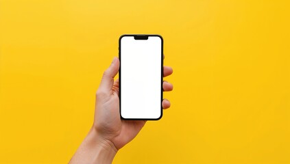 Smartphone in hand isolated on yellow, mobile technology and app presentation concept