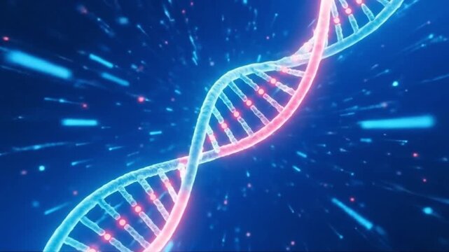 Futuristic representation of a glowing dna double helix on a dynamic blue background