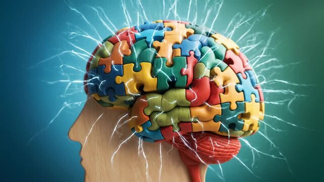 Brain Puzzle with Energy Sparks - An video shows a human head with a brain made of colorful puzzle pieces. The brain is emitting bright white sparks, suggesting intelligence or activity.