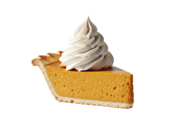 Perfectly styled pristine slice of pumpkin pie with vibrant orange filling, golden crimped crust, tall fluffy whipped cream, on transparent background, soft natural light, delicious comforting treat