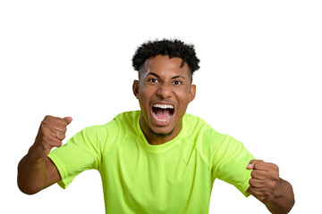 A young man, ecstatic, celebrating with his fists raised in a sign of triumph.