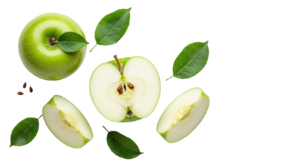 Pristine green apples (whole, halved, quartered, seeds visible) and fresh leaves artfully arranged on a bright, transparent studio background, sharp focus, concept of natural health and vitality