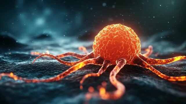 Cancer cell on body tissue with tentacles. Microscopic view of abnormal cell structure. Concept of disease, biology, research, science.