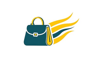 Stylish teal handbag with yellow accents and dynamic motion lines