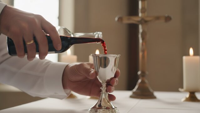 Priest pouring red wine from a bottle into a chalice during a church service for Holy Communion or Eucharist in a ceremony.