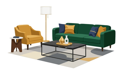 Cozy Living Room with Green Sofa, Armchair, and Coffee Table