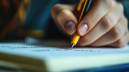 A hand holds a pen and writes words on a notebook page.