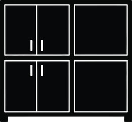 A simple black icon of a cabinet with two closed sections and two open shelves for storage