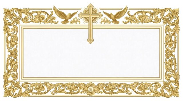 Gold ornate frame with a cross and doves. Elegant religious border for certificate, diploma, invitation, or greeting card. Classic baroque style.