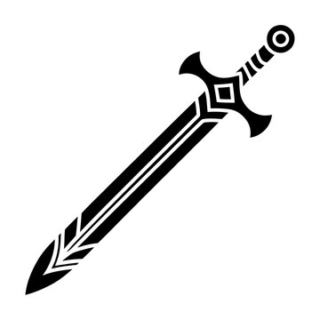 Fantasy sword illustration in black and white featuring double-edged blade