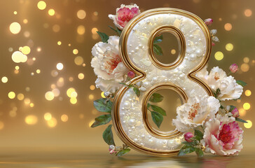 Decorative number eight with flowers and lights for celebration or special event design