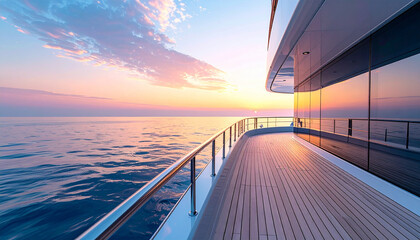 Right side view of a modern yacht deck with reflections on metallic details background