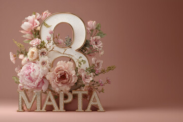 Floral arrangement with number eight and letters for Women's Day celebration in a simple setting