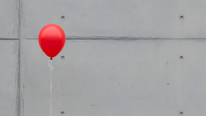 Single red balloon floating against a minimalist grey concrete wall, representing solitude or a simple celebration of love