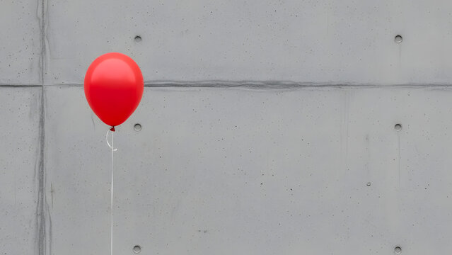 Single red balloon floating against a minimalist grey concrete wall, representing solitude or a simple celebration of love