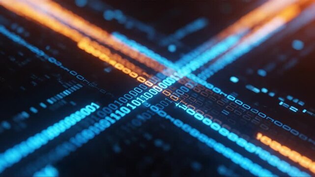 Digital data stream with binary code intersecting in a technological background