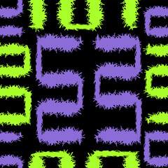 Seamless vector pattern with neon green and purple jagged geometric lines on black. Modern edgy background for streetwear prints, techno party flyers and creative urban branding.