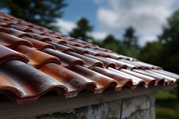 Roof tiles on a building under a cloudy sky with trees in the background