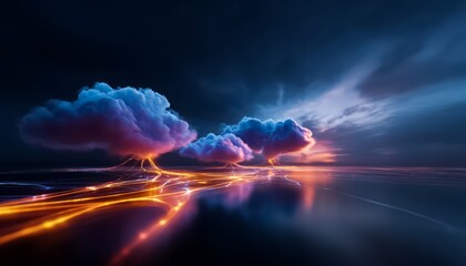 Dark sky with three large clouds and a few smaller ones. The sky is filled with light and the clouds are illuminated